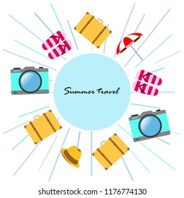 summer travel suitcase hat flip-flops umbrella camera vector background