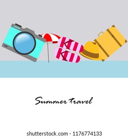 summer travel suitcase hat flip-flops umbrella camera vector background