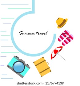 summer travel suitcase hat flip-flops umbrella camera vector background