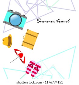 summer travel suitcase hat flip-flops umbrella camera vector background