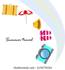 summer travel suitcase hat flip-flops umbrella camera vector background