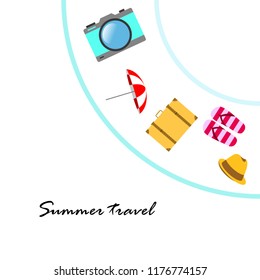 summer travel suitcase hat flip-flops umbrella camera vector background
