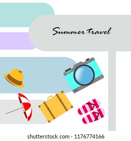 summer travel suitcase hat flip-flops umbrella camera vector background