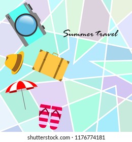 summer travel suitcase hat flip-flops umbrella camera vector background