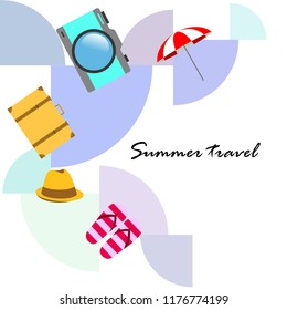 summer travel suitcase hat flip-flops umbrella camera vector background