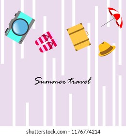summer travel suitcase hat flip-flops umbrella camera vector background