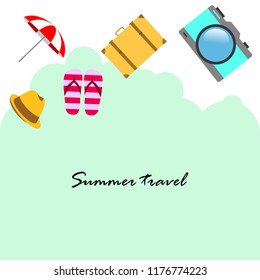 summer travel suitcase hat flip-flops umbrella camera vector background