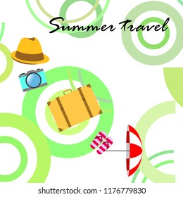 summer travel suitcase hat flip-flops umbrella camera vector background