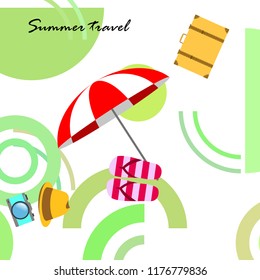 summer travel suitcase hat flip-flops umbrella camera vector background