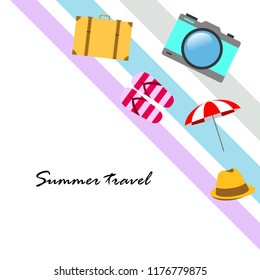 summer travel suitcase hat flip-flops umbrella camera vector background