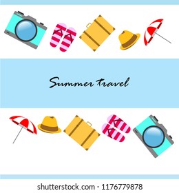 summer travel suitcase hat flip-flops umbrella camera vector background