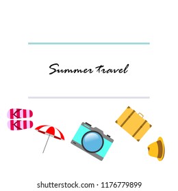 summer travel suitcase hat flip-flops umbrella camera vector background