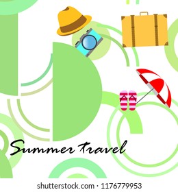 summer travel suitcase hat flip-flops umbrella camera vector background