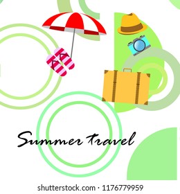 summer travel suitcase hat flip-flops umbrella camera vector background