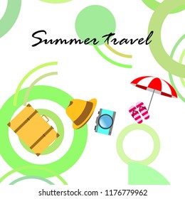 summer travel suitcase hat flip-flops umbrella camera vector background