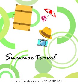 summer travel suitcase hat flip-flops umbrella camera vector background