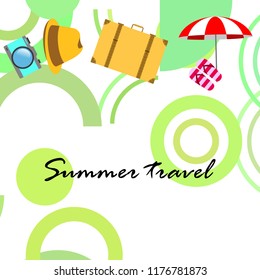summer travel suitcase hat flip-flops umbrella camera vector background