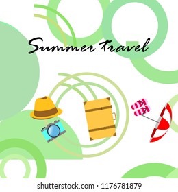 summer travel suitcase hat flip-flops umbrella camera vector background