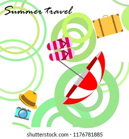 summer travel suitcase hat flip-flops umbrella camera vector background