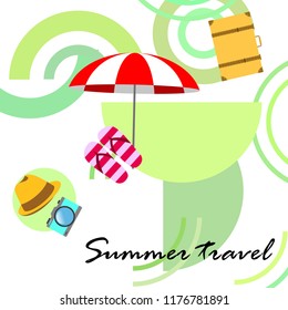 summer travel suitcase hat flip-flops umbrella camera vector background