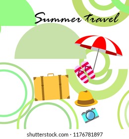 summer travel suitcase hat flip-flops umbrella camera vector background