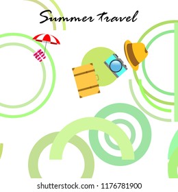 summer travel suitcase hat flip-flops umbrella camera vector background