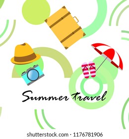 summer travel suitcase hat flip-flops umbrella camera vector background