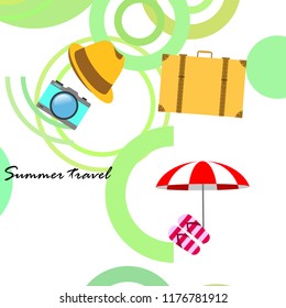 summer travel suitcase hat flip-flops umbrella camera vector background