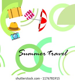 summer travel suitcase hat flip-flops umbrella camera vector background