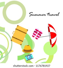 summer travel suitcase hat flip-flops umbrella camera vector background