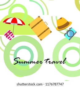 summer travel suitcase hat flip-flops umbrella camera vector background