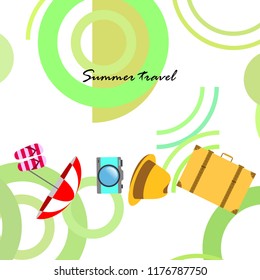 summer travel suitcase hat flip-flops umbrella camera vector background