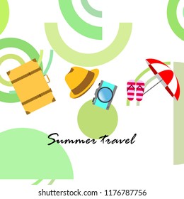 summer travel suitcase hat flip-flops umbrella camera vector background