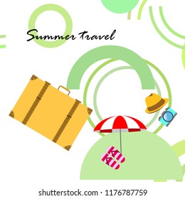 summer travel suitcase hat flip-flops umbrella camera vector background