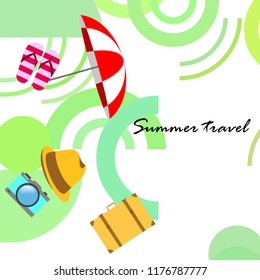 summer travel suitcase hat flip-flops umbrella camera vector background