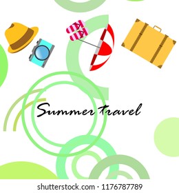 summer travel suitcase hat flip-flops umbrella camera vector background