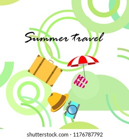 summer travel suitcase hat flip-flops umbrella camera vector background