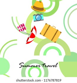 summer travel suitcase hat flip-flops umbrella camera vector background