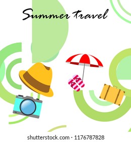 summer travel suitcase hat flip-flops umbrella camera vector background