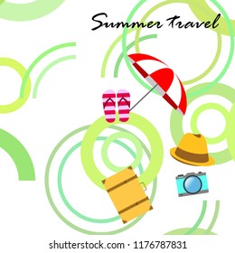 summer travel suitcase hat flip-flops umbrella camera vector background