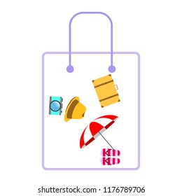 summer travel suitcase hat flip-flops umbrella camera vector background