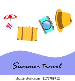 summer travel suitcase hat flip-flops umbrella camera vector background