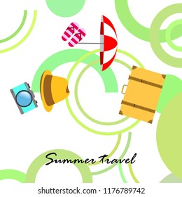 summer travel suitcase hat flip-flops umbrella camera vector background
