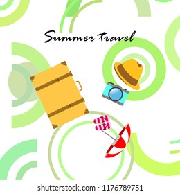 summer travel suitcase hat flip-flops umbrella camera vector background