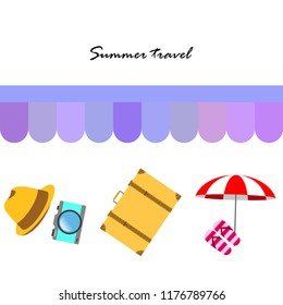 summer travel suitcase hat flip-flops umbrella camera vector background