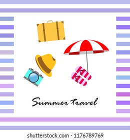 summer travel suitcase hat flip-flops umbrella camera vector background