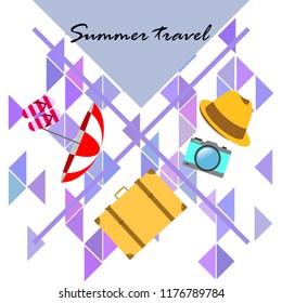 summer travel suitcase hat flip-flops umbrella camera vector background