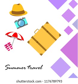 summer travel suitcase hat flip-flops umbrella camera vector background