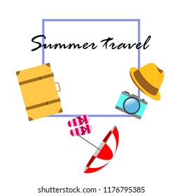 summer travel suitcase hat flip-flops umbrella camera vector background