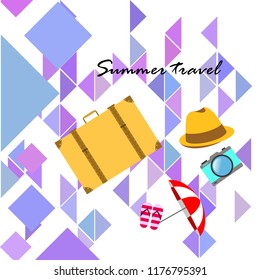 summer travel suitcase hat flip-flops umbrella camera vector background